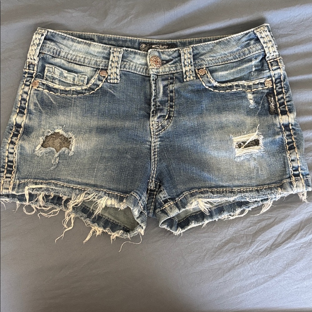 Silver Jeans Light Blue Distressed Denim Shorts
